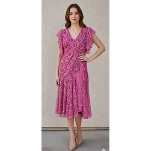 Vtg A La Carte California Lace Bias Cut Drop Waist Flutter Sleeve Dress Pink
